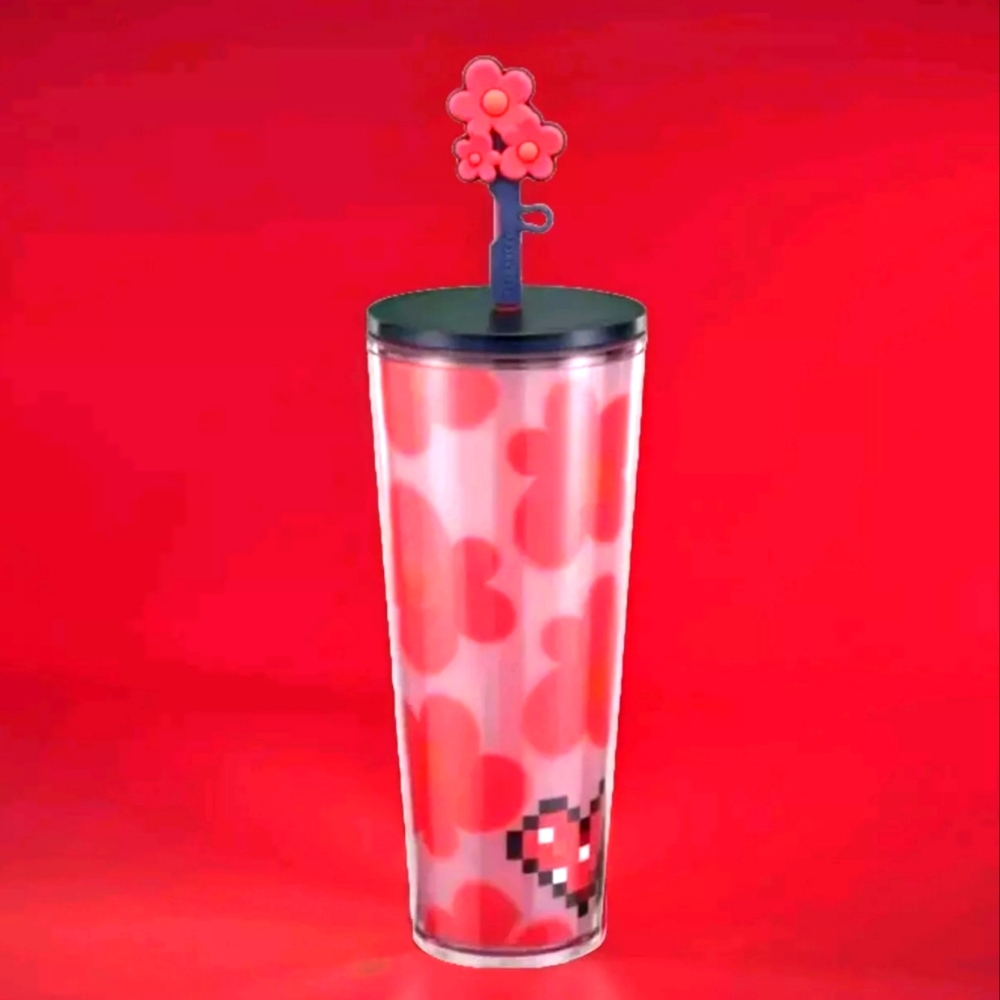NWT, Starbucks 2025 clear pink w/red flowers  plus, an adorable floral  topper